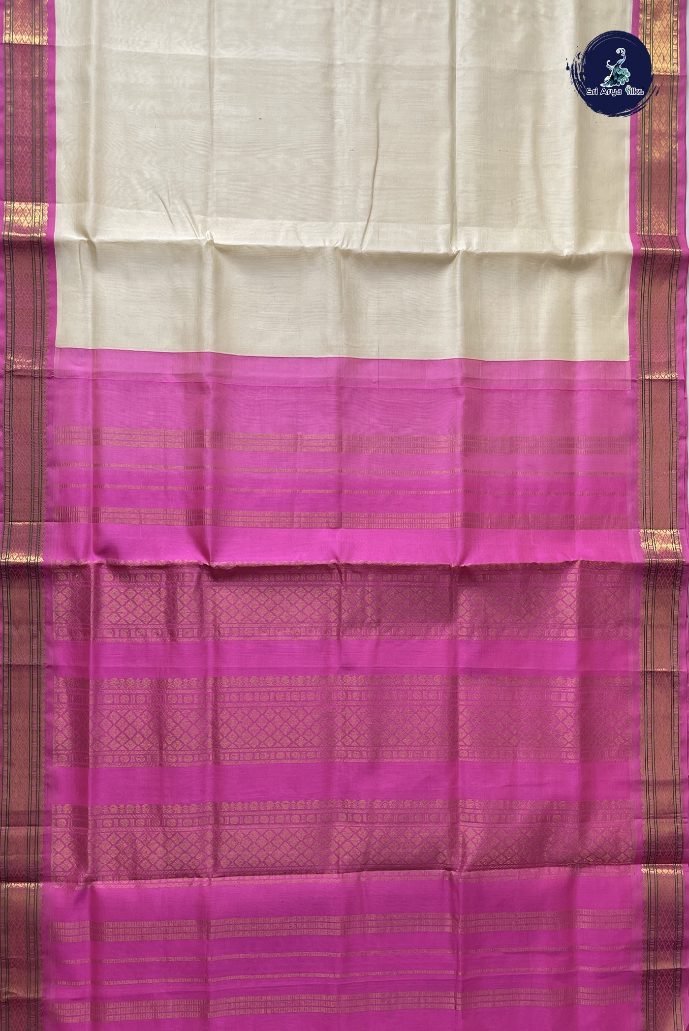Off White Korvai Silk Cotton Saree With Plain Pattern