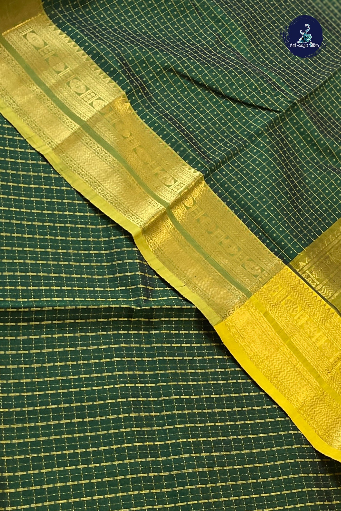 Dark Green Checked Saree With Laksha Deepam Design Pattern