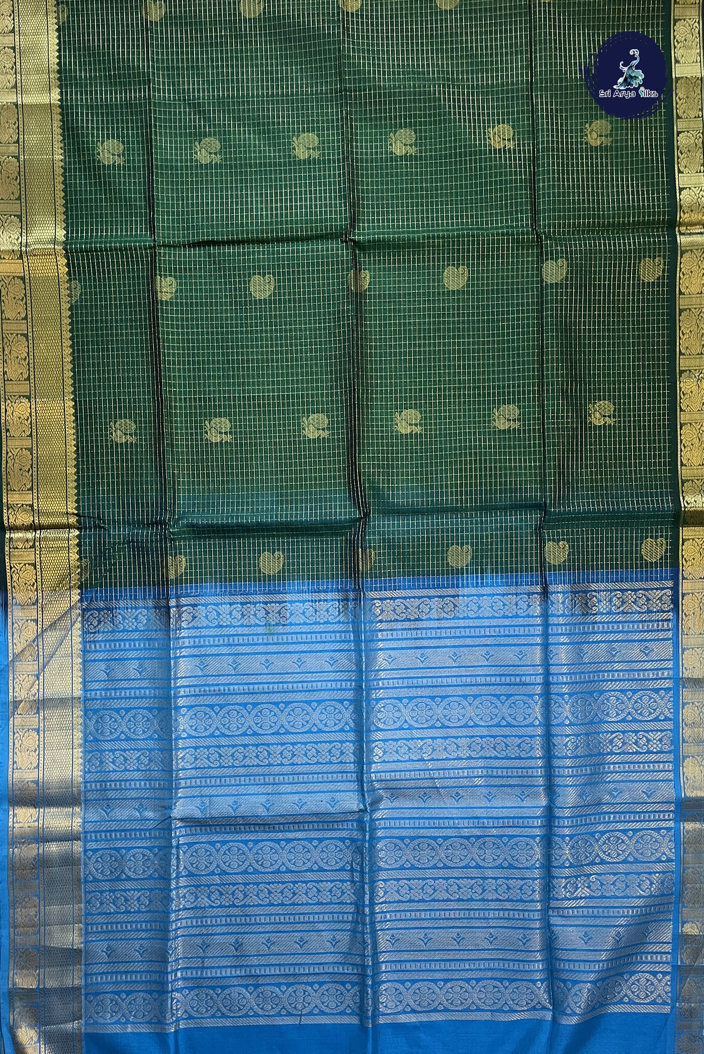Bottle Green Bridal Silk Cotton Saree With Zari Checked Pattern
