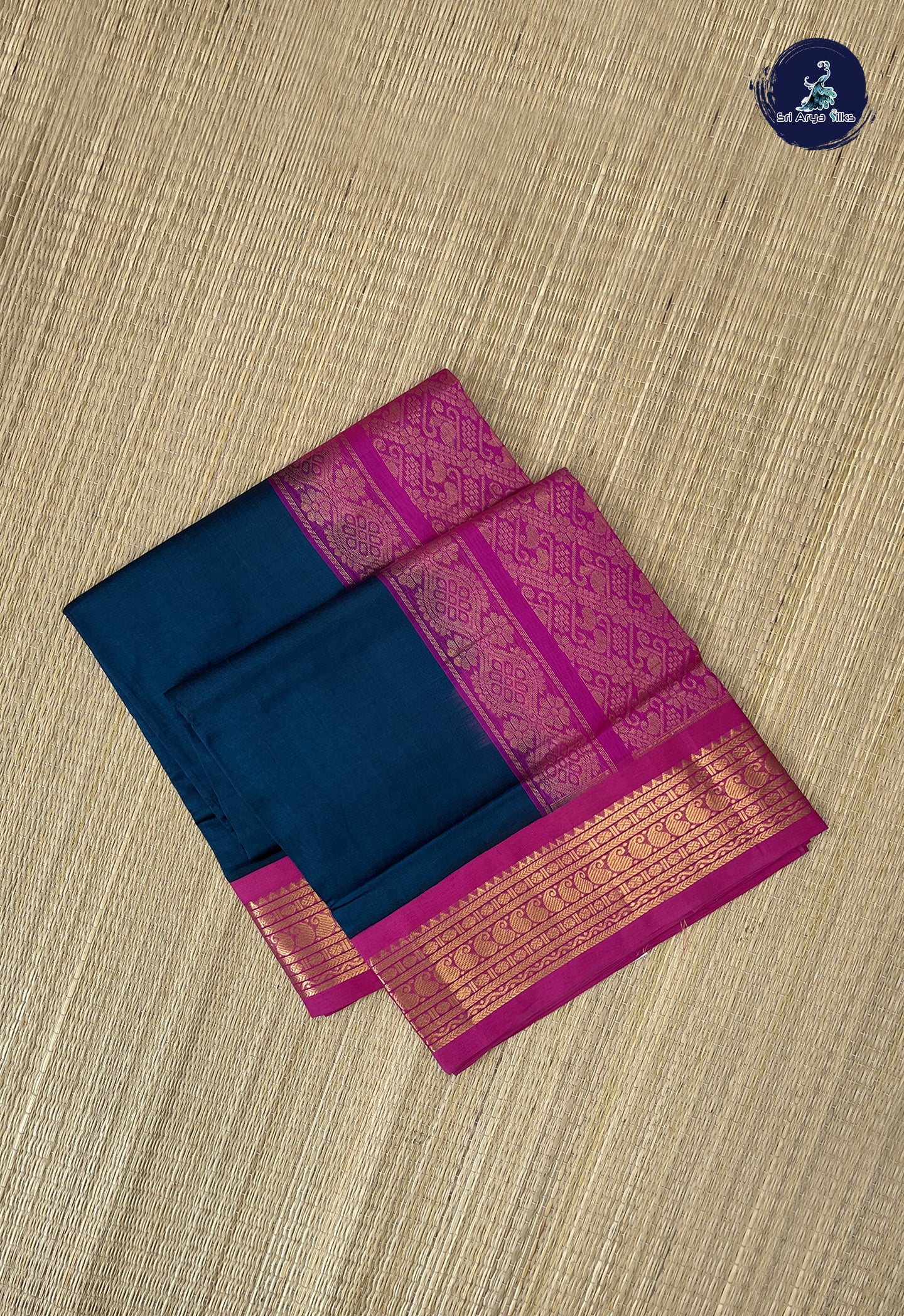 Peacock Blue Korvai Silk Cotton Saree With Plain Pattern