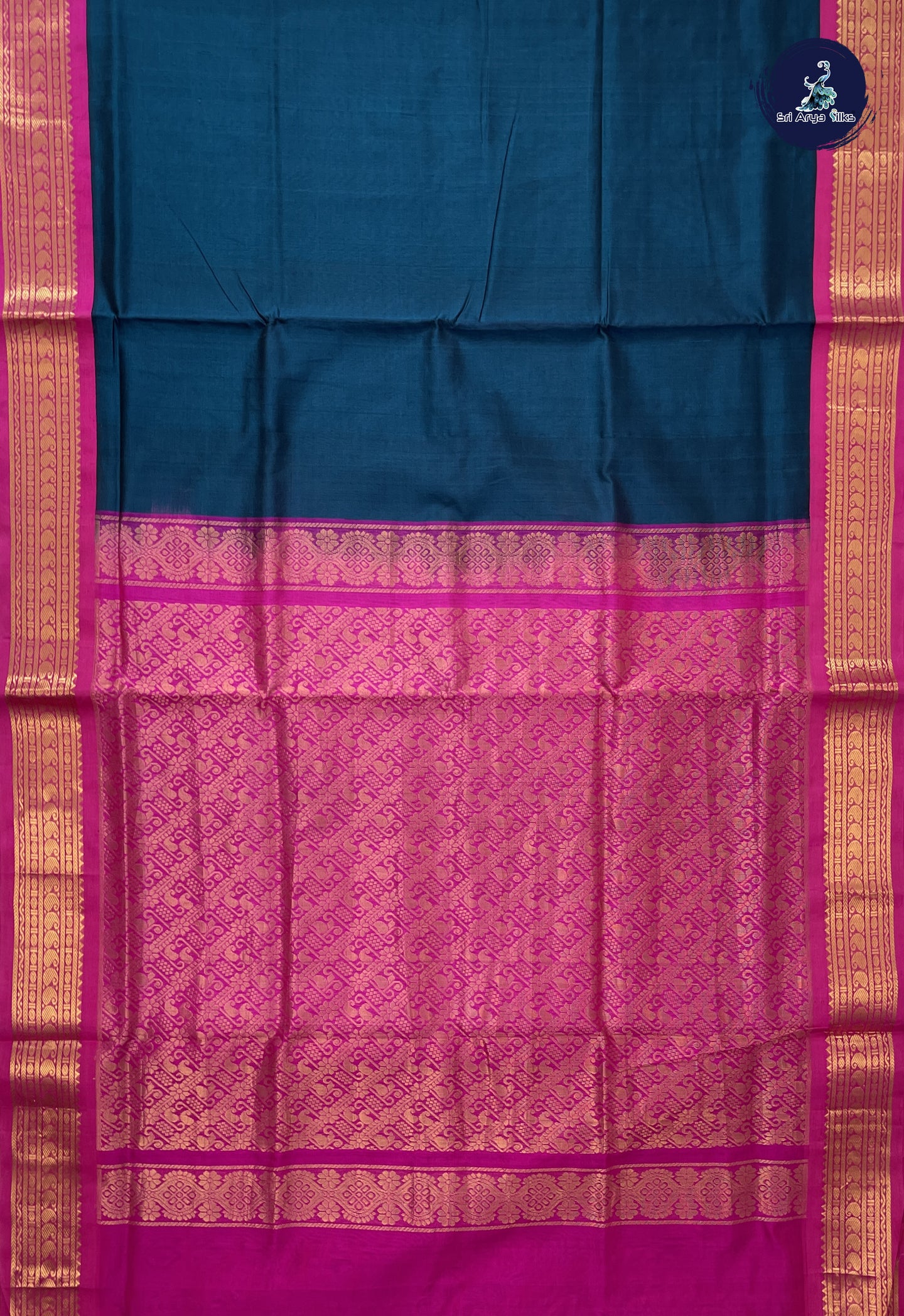 Peacock Blue Korvai Silk Cotton Saree With Plain Pattern