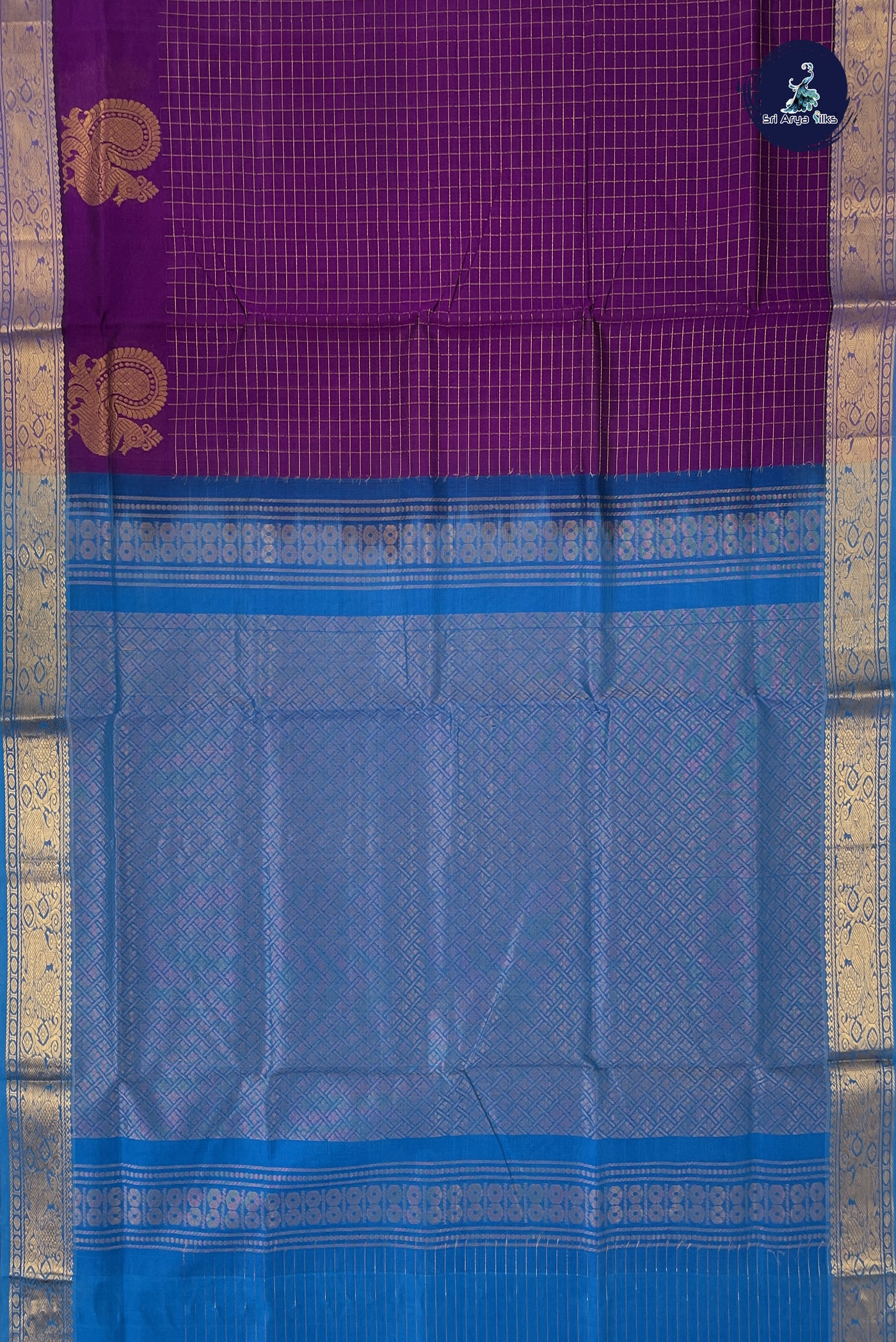 Dark Brinjal Bridal Silk Cotton Saree With Zari Checked Pattern