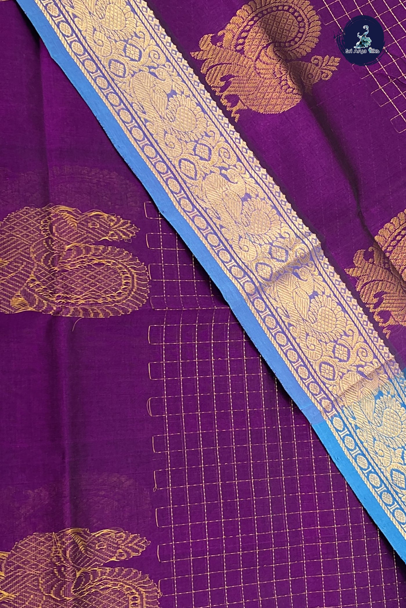 Dark Brinjal Bridal Silk Cotton Saree With Zari Checked Pattern