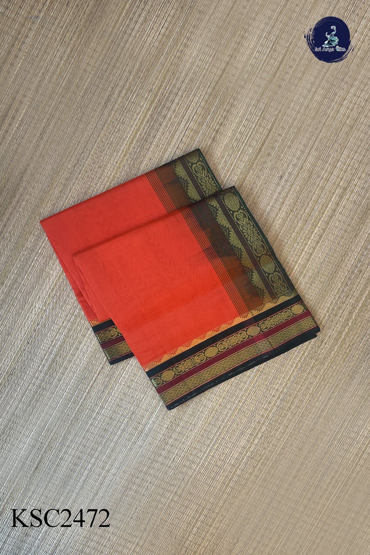 Orange Korvai Contrast Silk Saree With Plain Pattern