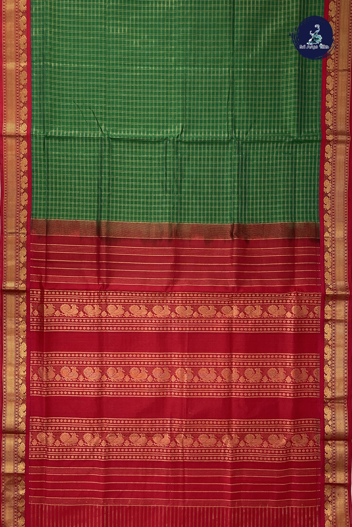 Dark Green Korvai Silk Cotton Saree With Zari Checked Pattern