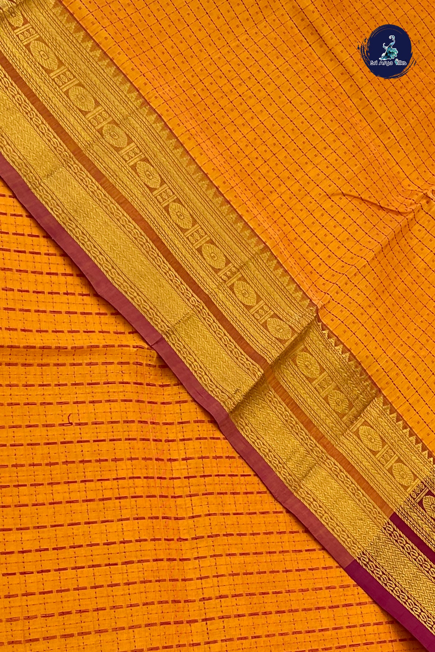 Lite Mustard Orange Bridal Silk Cotton Saree With Laksha Deepam Design Pattern