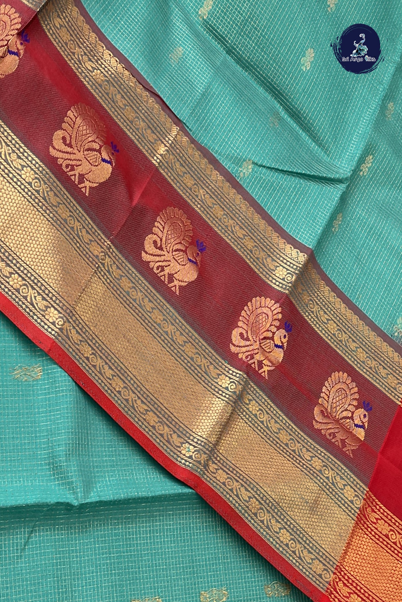 Turquoise Bridal Silk Cotton Saree With Zari Checked Pattern