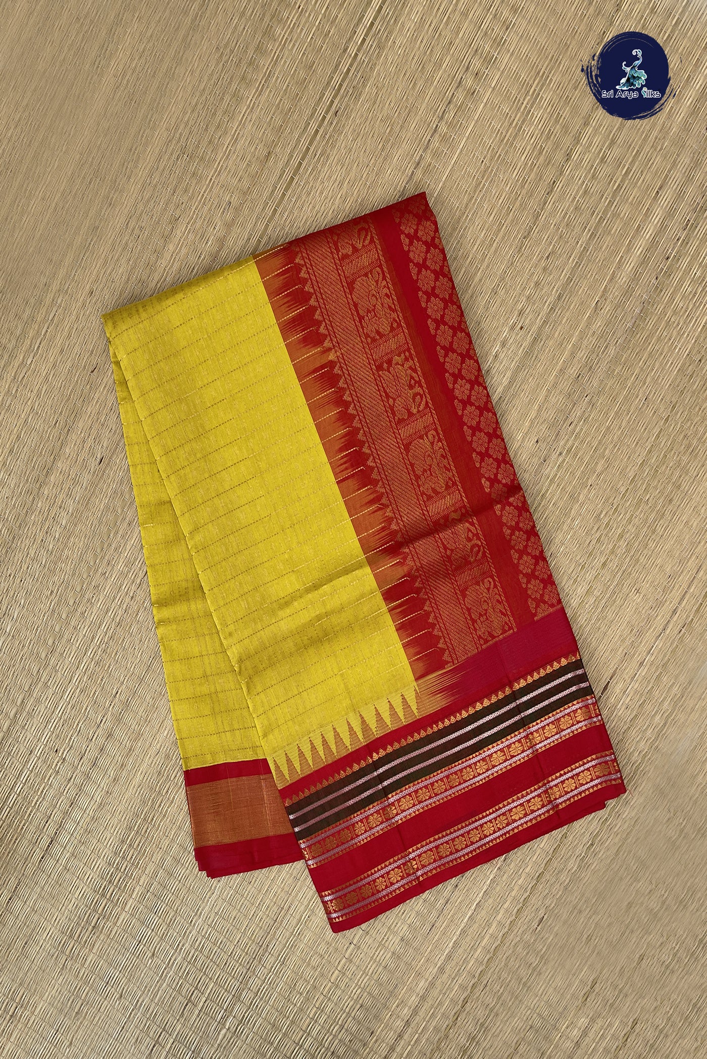 Lemon Yellow Korvai Silk Cotton Saree With 1000 Butta Pattern
