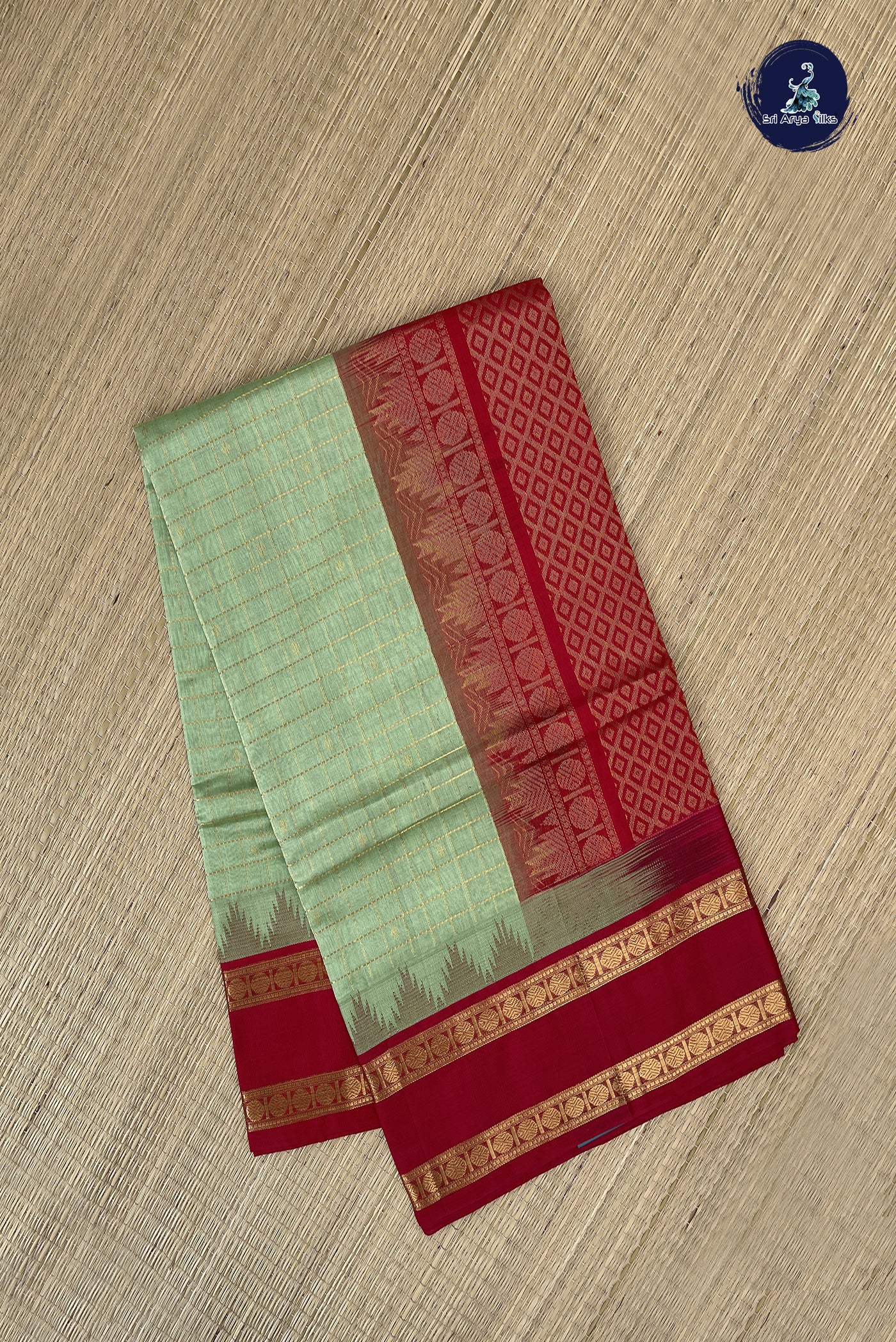 Pastel Green Korvai Silk Cotton Saree With Zari Checked Pattern