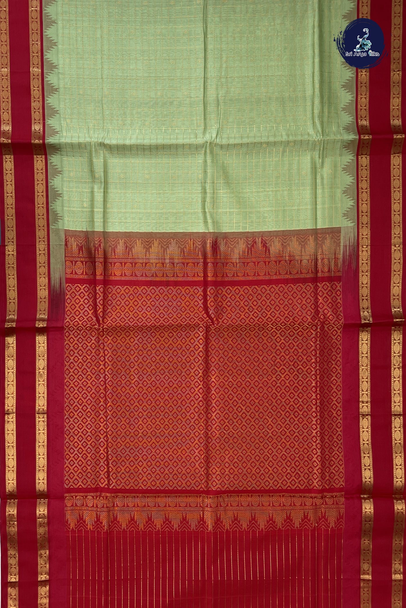 Pastel Green Korvai Silk Cotton Saree With Zari Checked Pattern