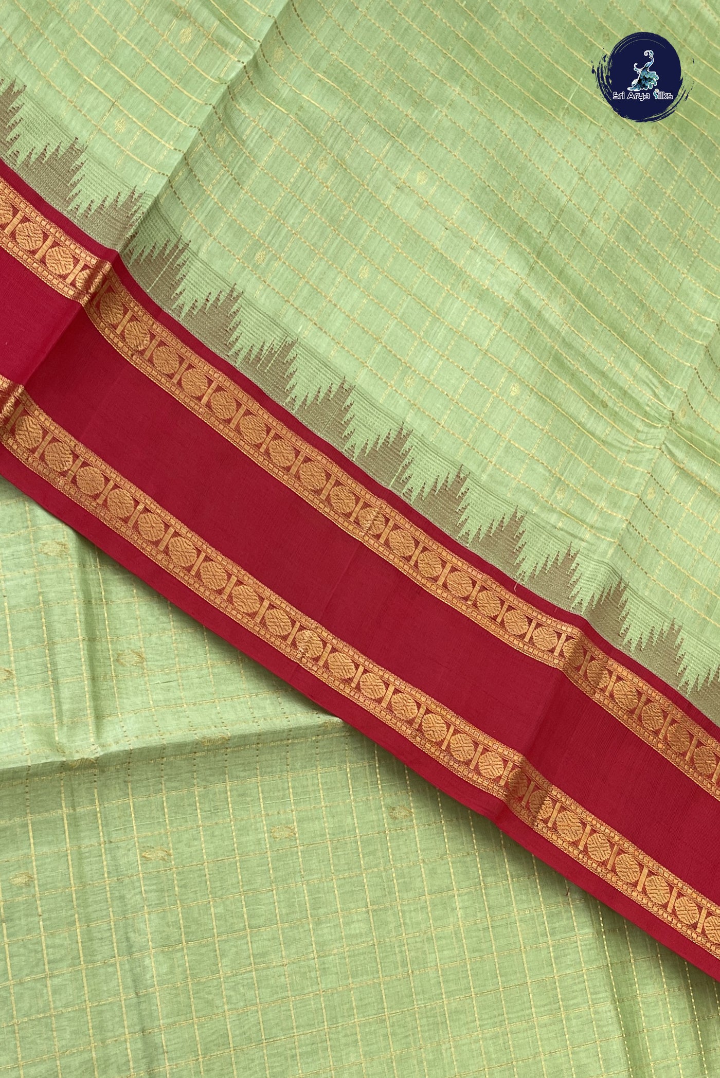 Pastel Green Korvai Silk Cotton Saree With Zari Checked Pattern