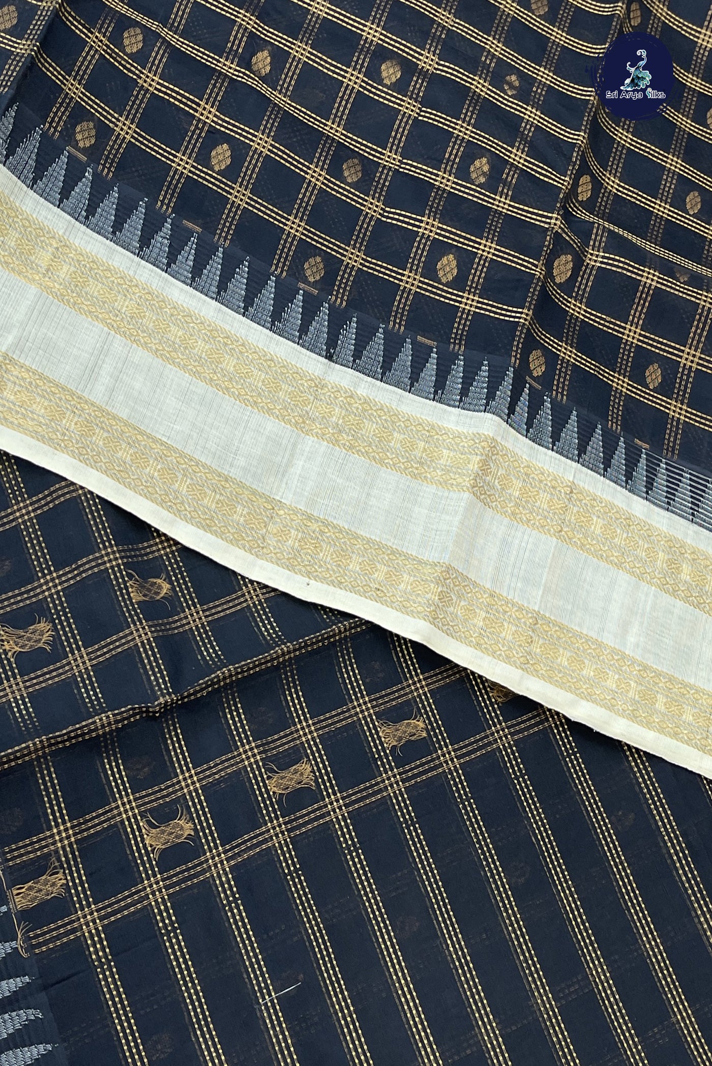 Black Korvai Silk Cotton Saree With Zari Checked Pattern