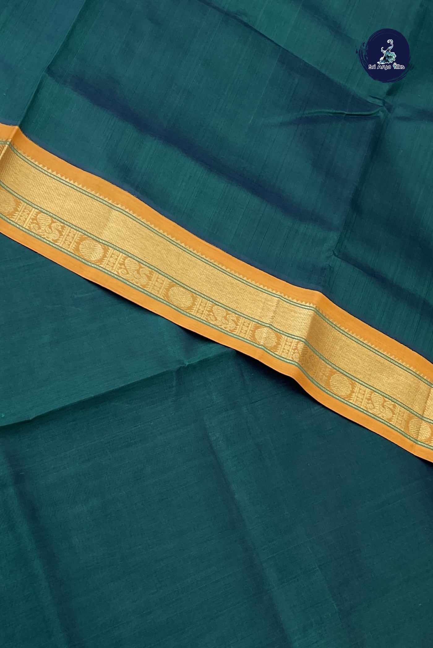Bottle Green Korvai Silk Cotton Saree With Plain Pattern