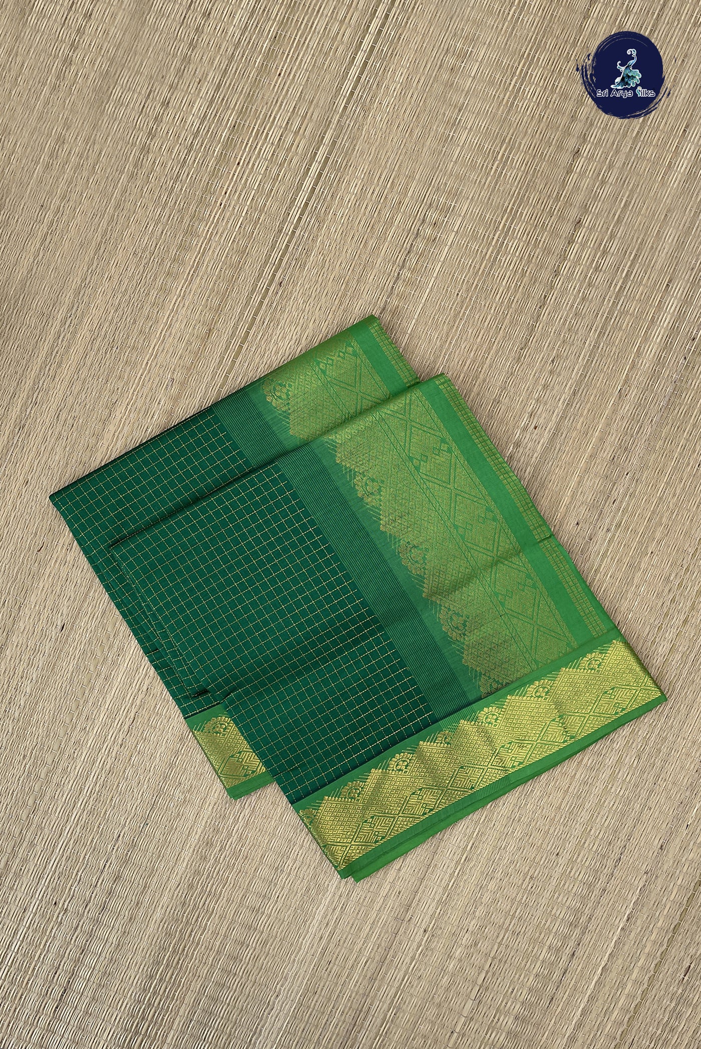 Dark Green Semi Silk Cotton Saree With Zari Checked Pattern