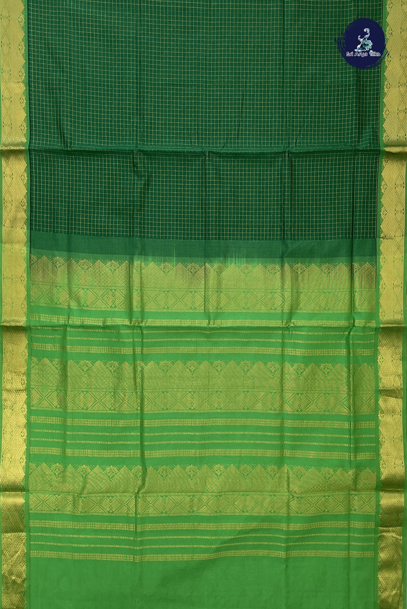 Dark Green Semi Silk Cotton Saree With Zari Checked Pattern
