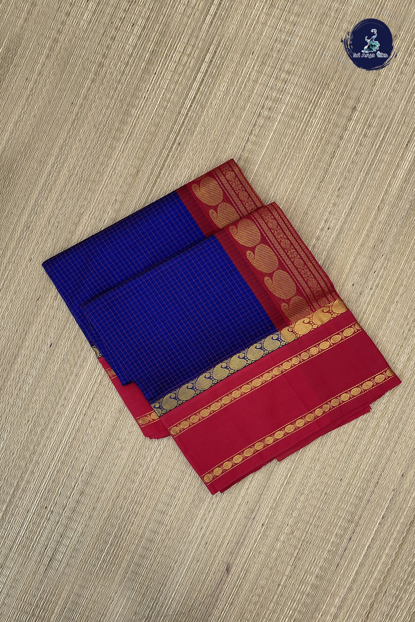 Dark Blue Korvai Silk Cotton Saree With Checked Pattern