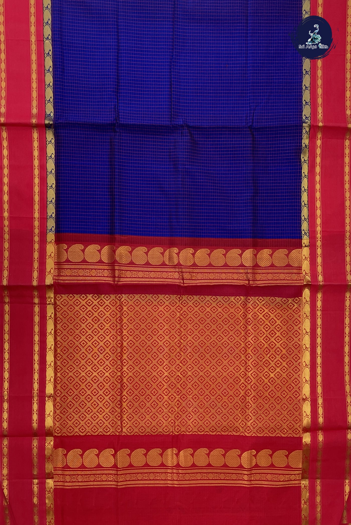 Dark Blue Korvai Silk Cotton Saree With Checked Pattern