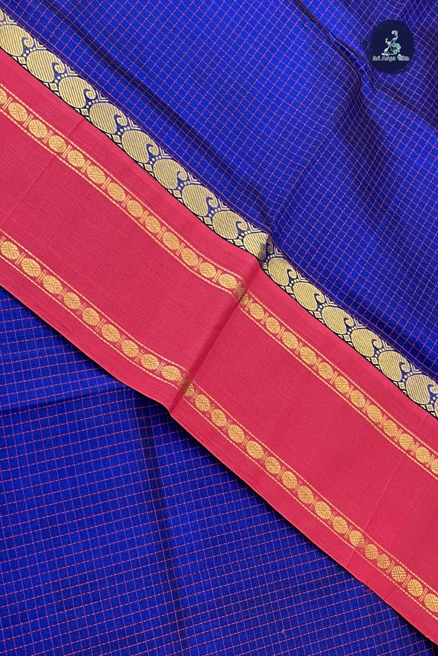 Dark Blue Korvai Silk Cotton Saree With Checked Pattern