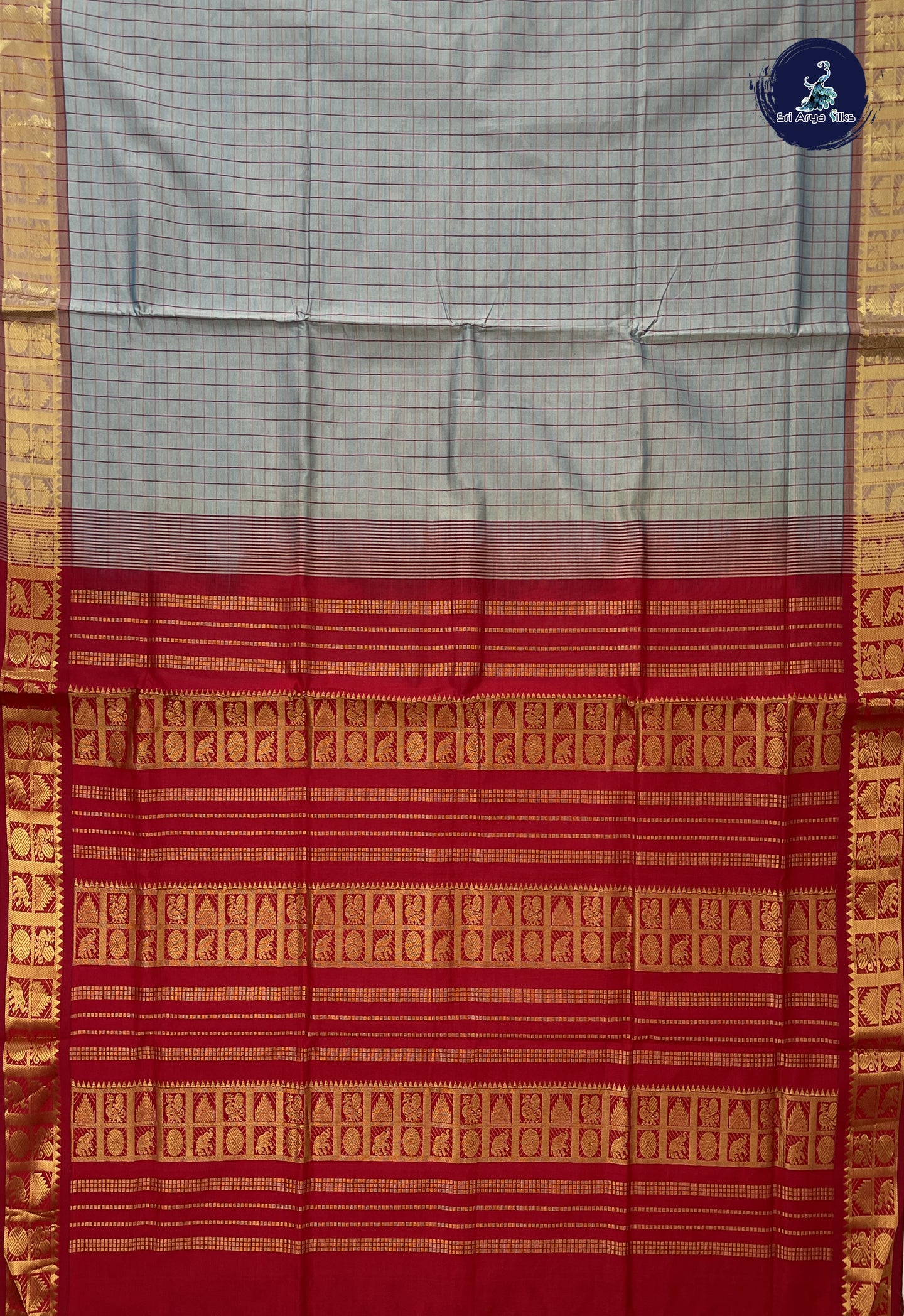 Dual Tone Grey Semi Silk Cotton Saree With Checked Pattern