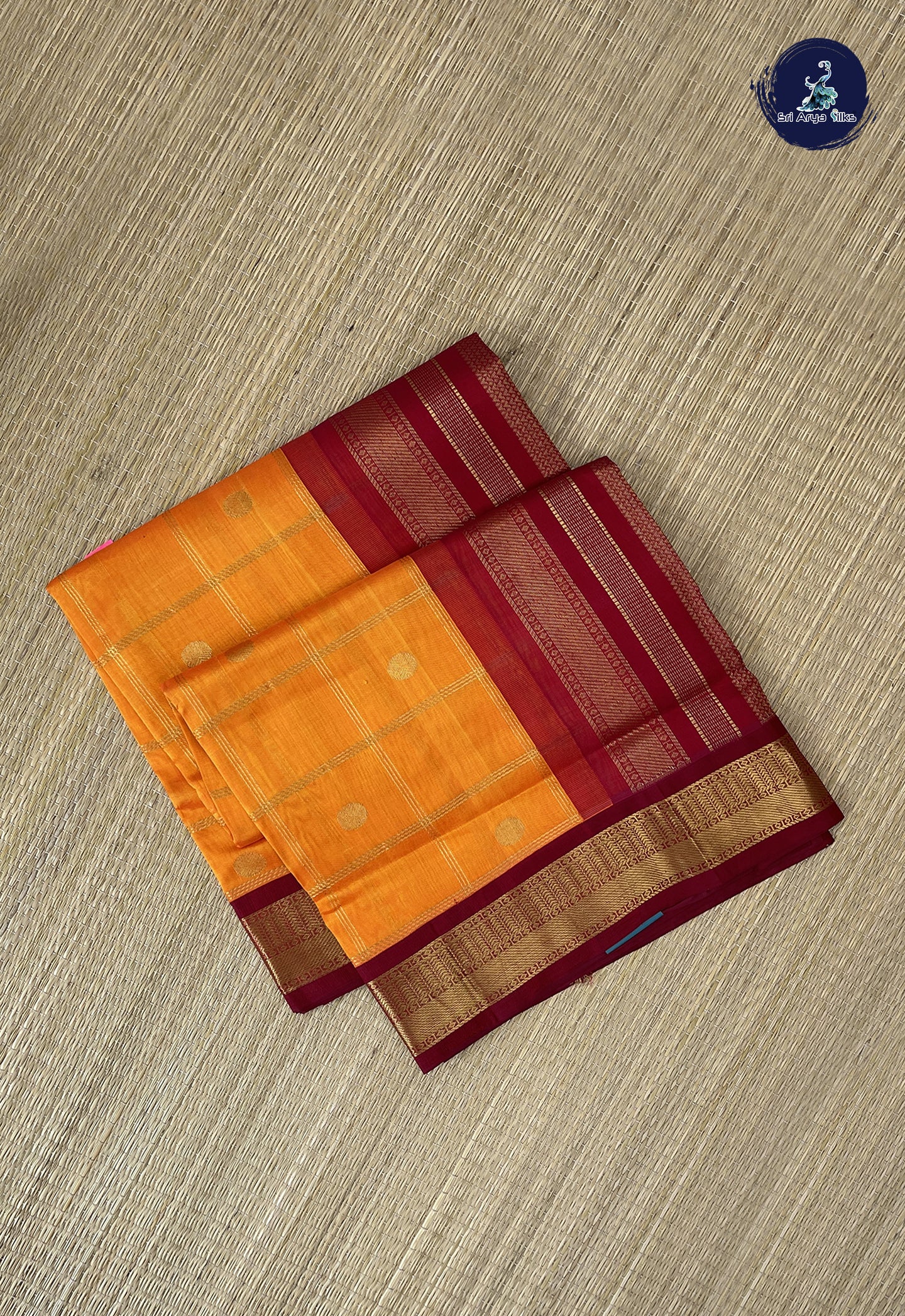 Orange Korvai Silk Cotton Saree With Zari Checked Pattern