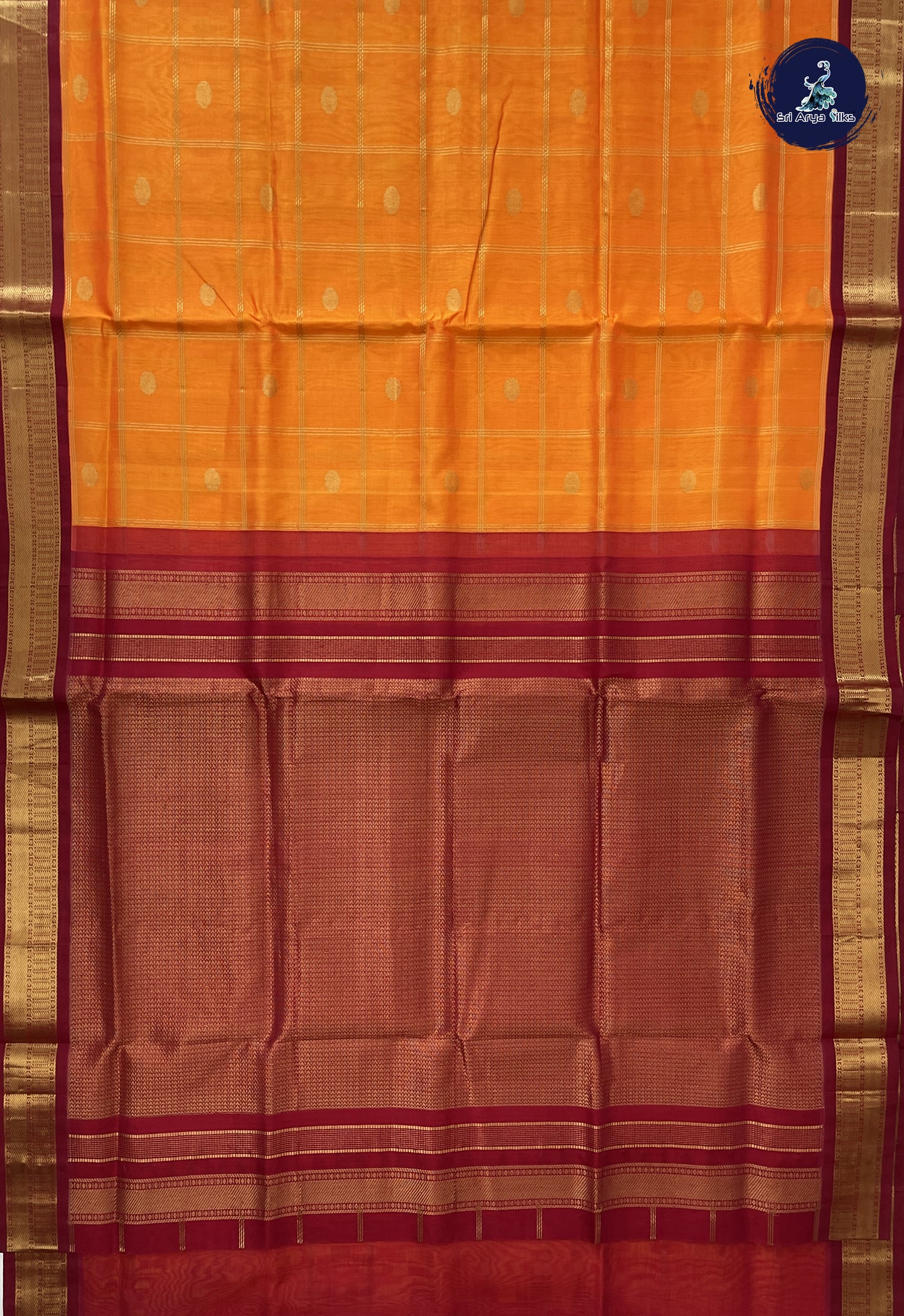 Orange Korvai Silk Cotton Saree With Zari Checked Pattern