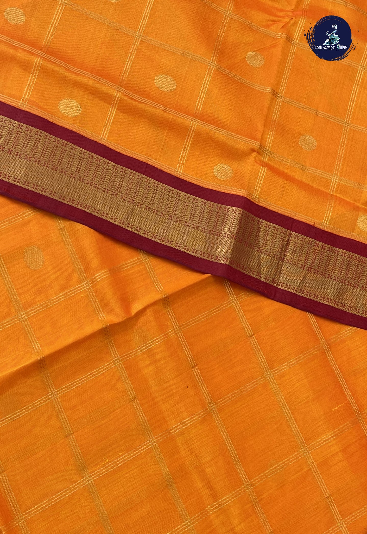 Orange Korvai Silk Cotton Saree With Zari Checked Pattern