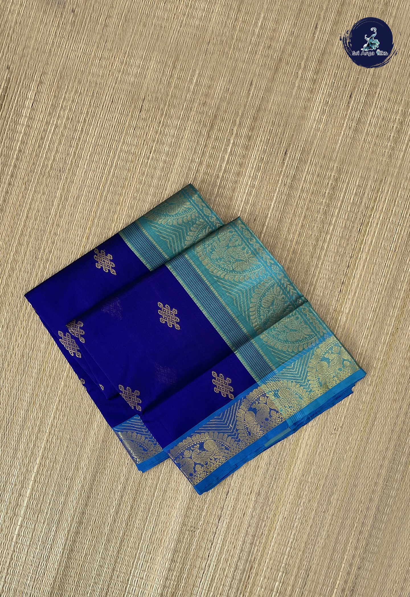 Dark Blue Simple Silk Cotton Saree With Kolam Butta Pattern