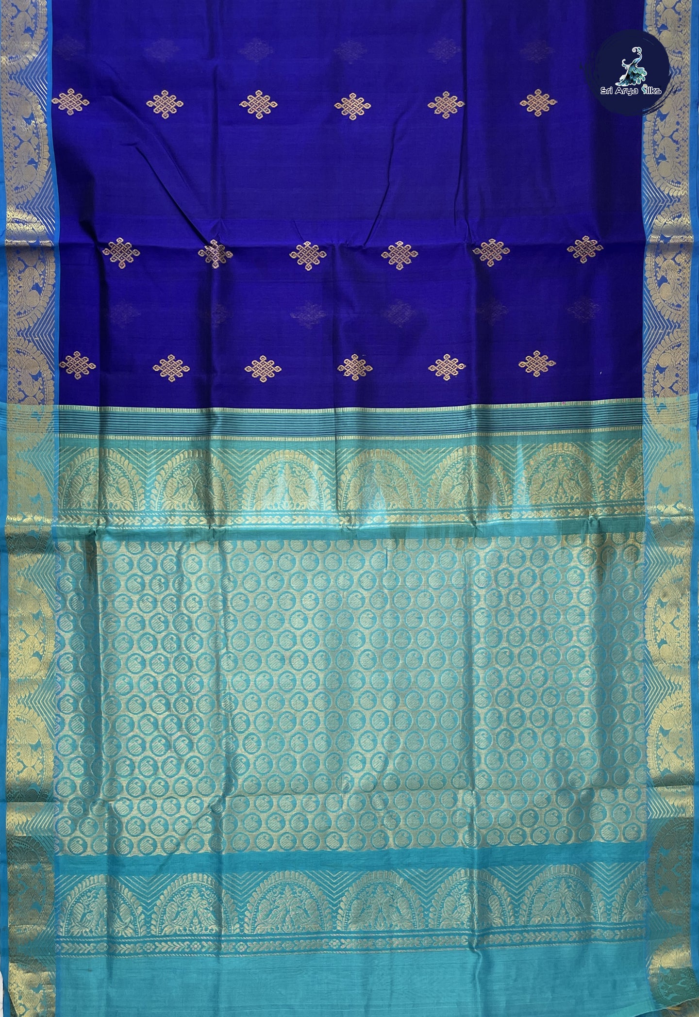 Dark Blue Simple Silk Cotton Saree With Kolam Butta Pattern
