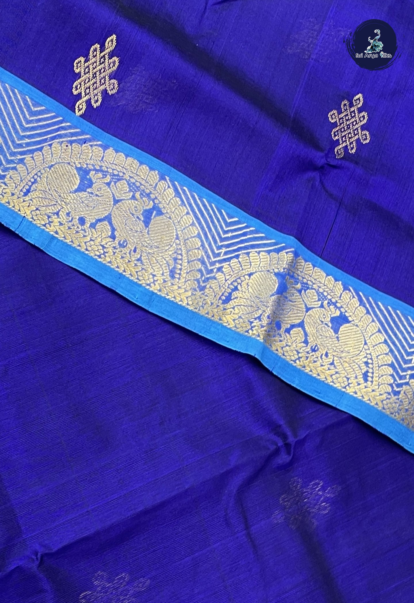 Dark Blue Simple Silk Cotton Saree With Kolam Butta Pattern