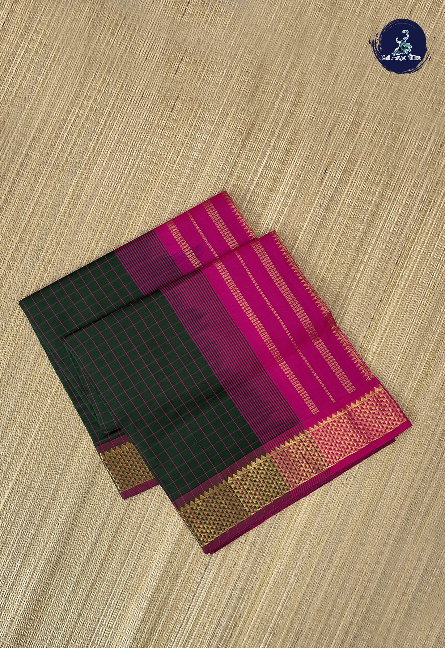 Olive Green Semi Silk Cotton Saree With Checked Pattern