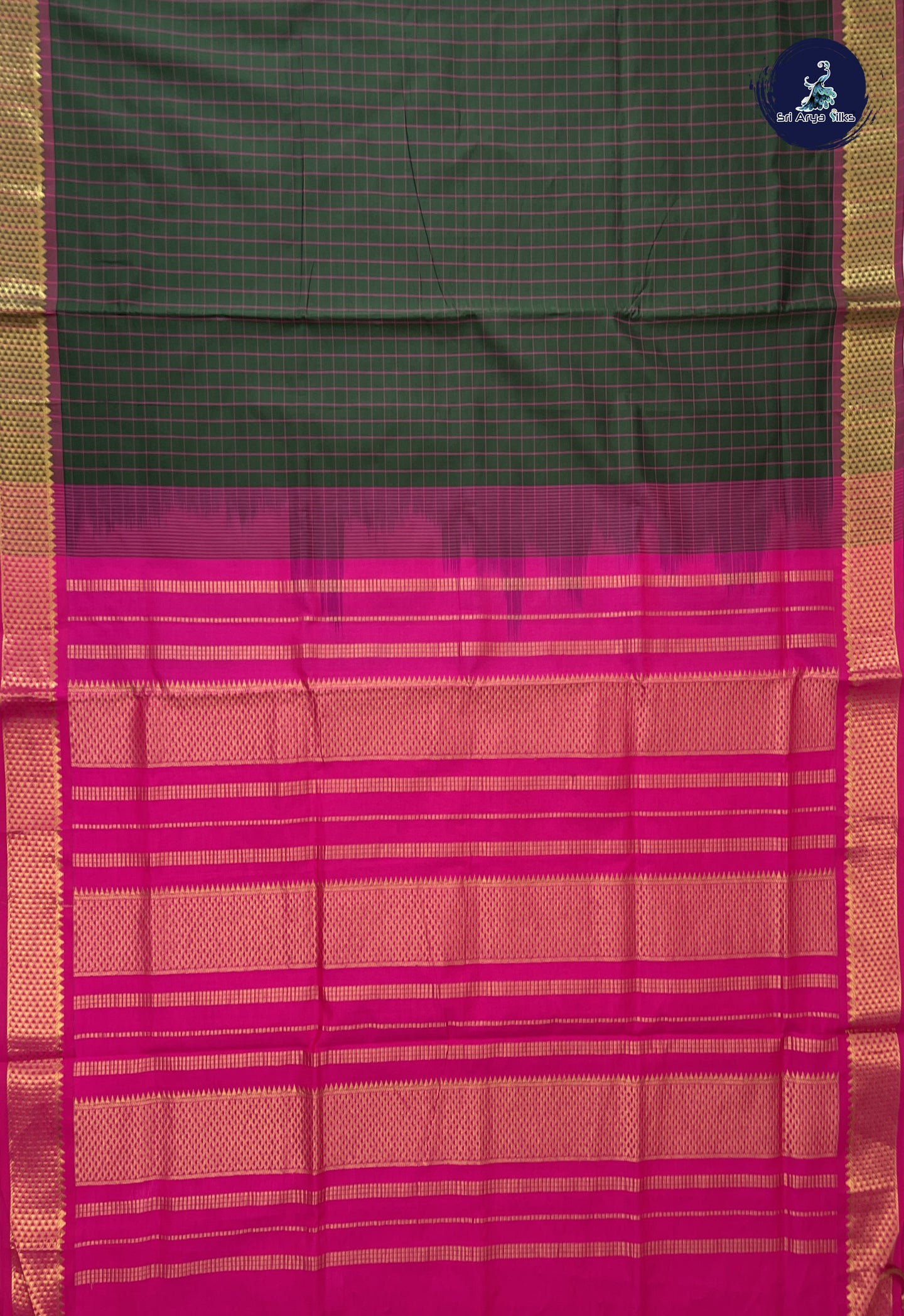 Olive Green Semi Silk Cotton Saree With Checked Pattern