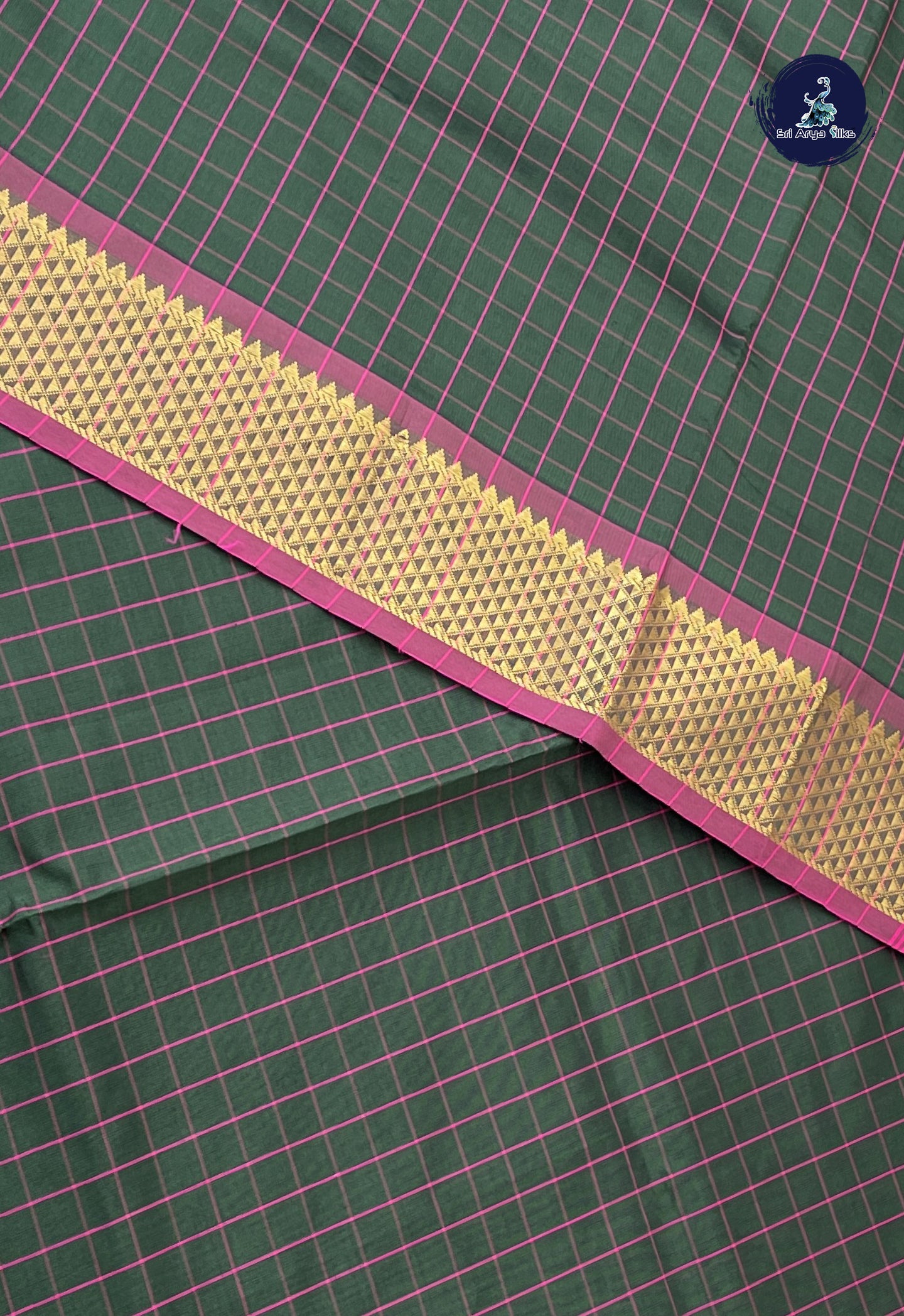 Olive Green Semi Silk Cotton Saree With Checked Pattern