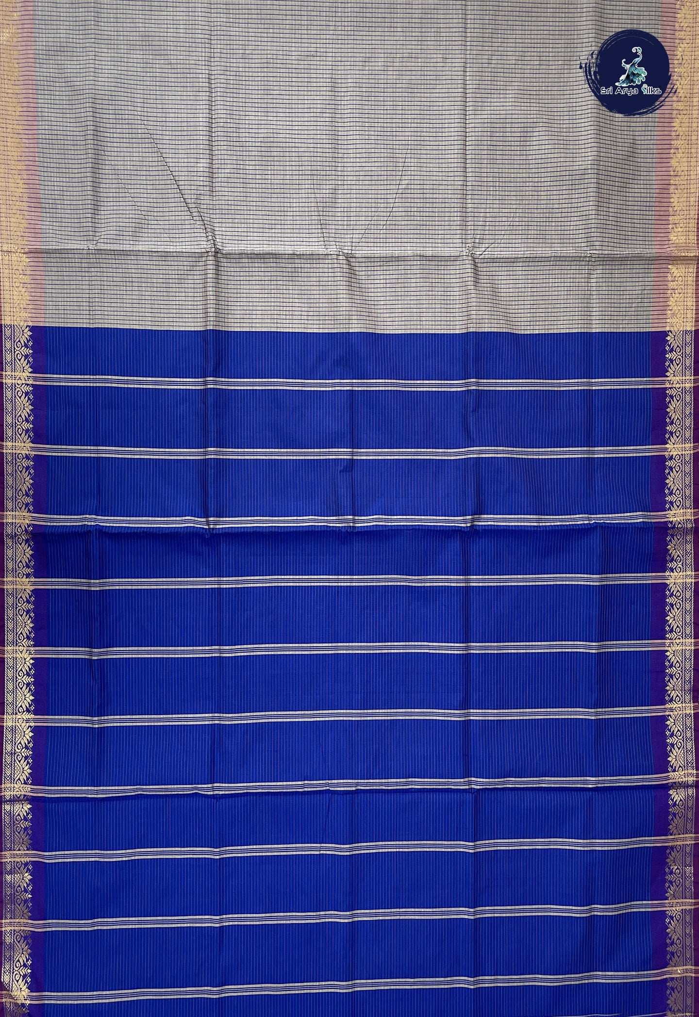 Silver Grey Semi Silk Cotton Saree With Checked Pattern