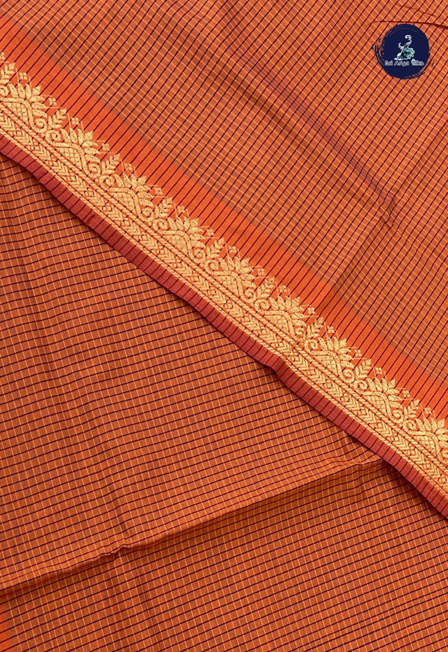 Orange Semi Silk Cotton Saree With Checked Pattern