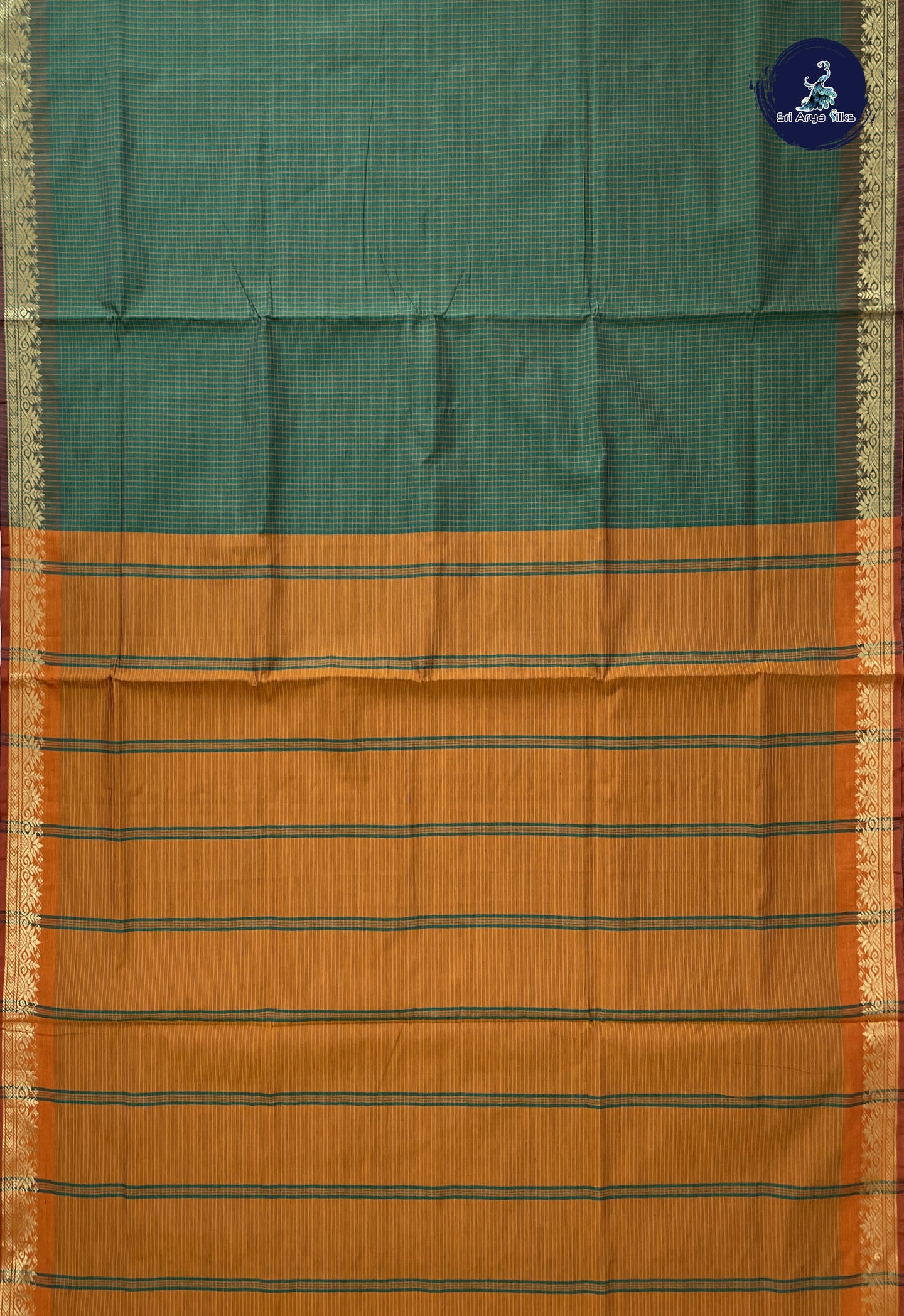 Green Semi Silk Cotton Saree With Checked Pattern