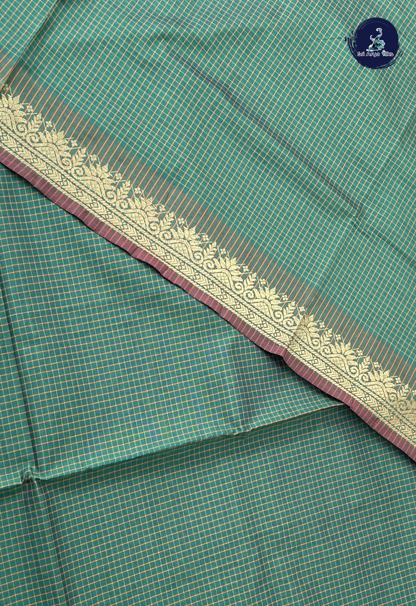Green Semi Silk Cotton Saree With Checked Pattern