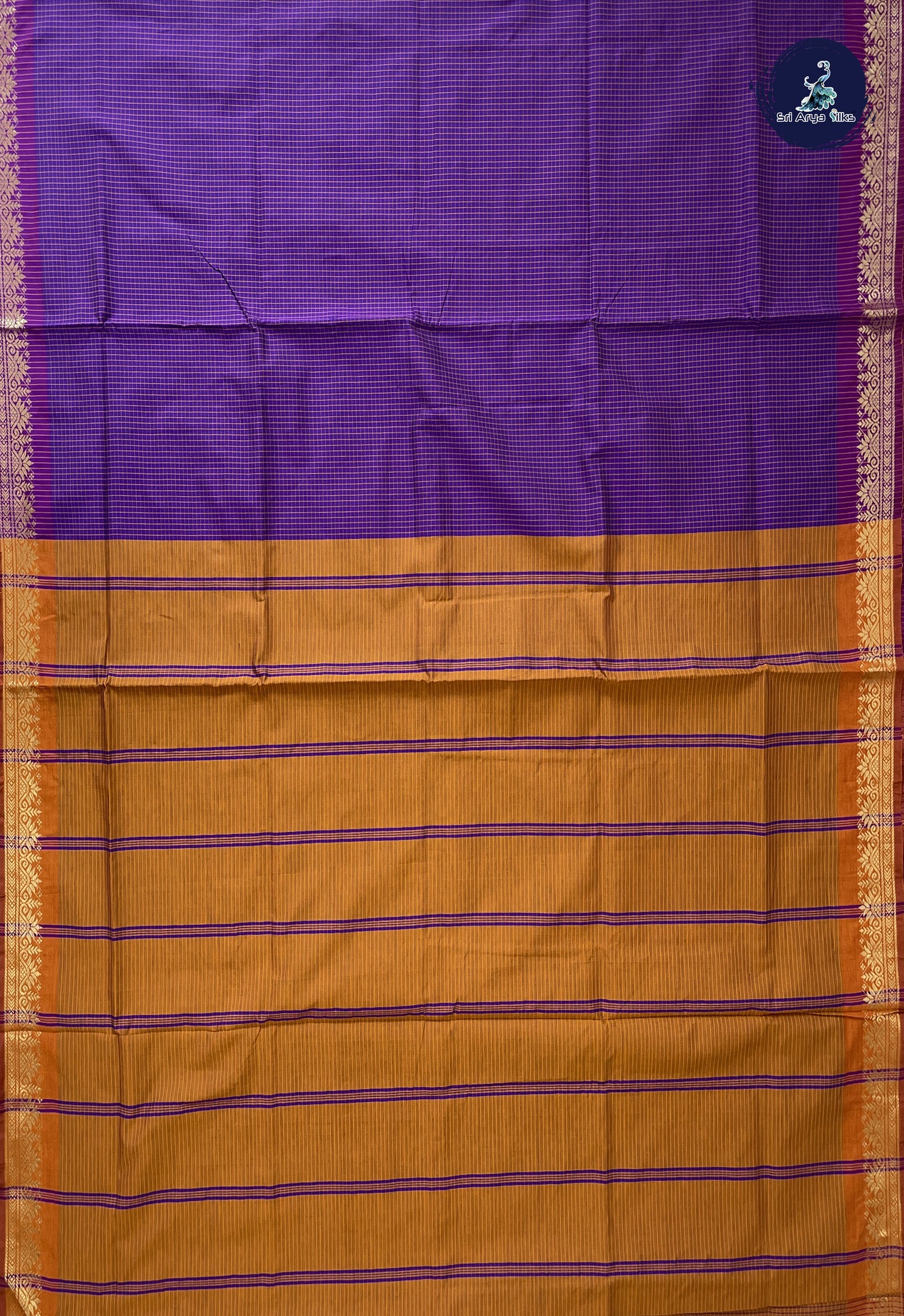 Violet Semi Silk Cotton Saree With Checked Pattern
