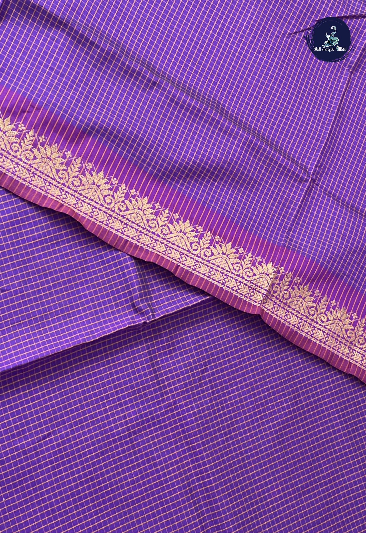 Violet Semi Silk Cotton Saree With Checked Pattern