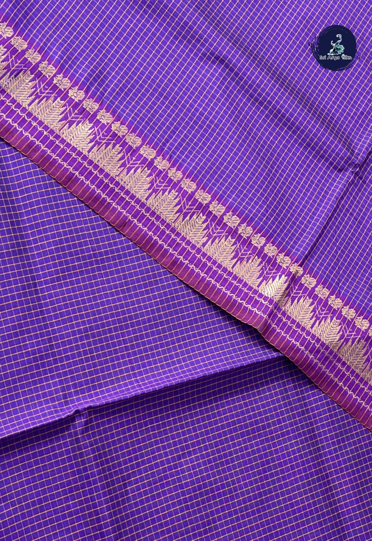 Violet Semi Silk Cotton Saree With Checked Pattern