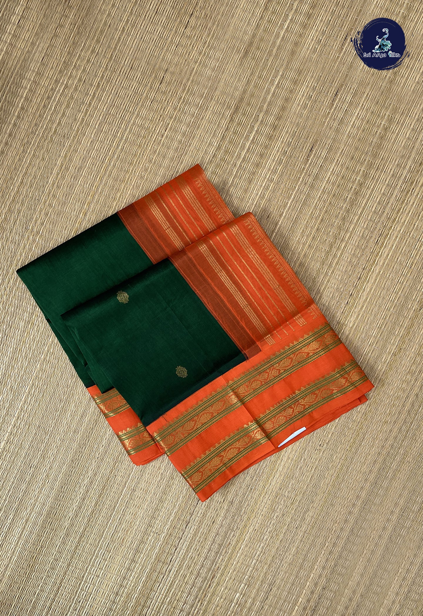 Bottle Green Korvai Silk Cotton Saree With Zari Buttas Pattern