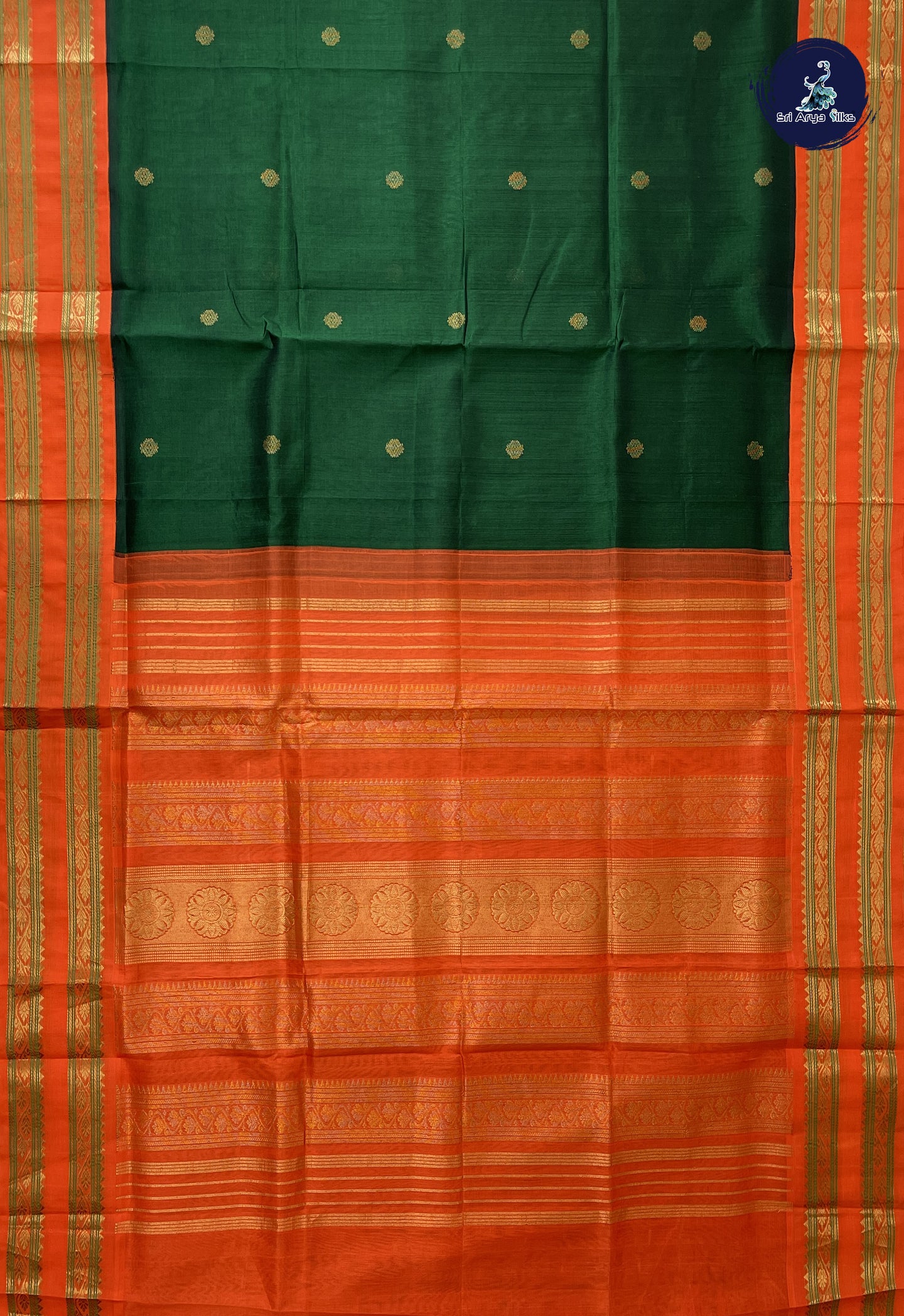 Bottle Green Korvai Silk Cotton Saree With Zari Buttas Pattern