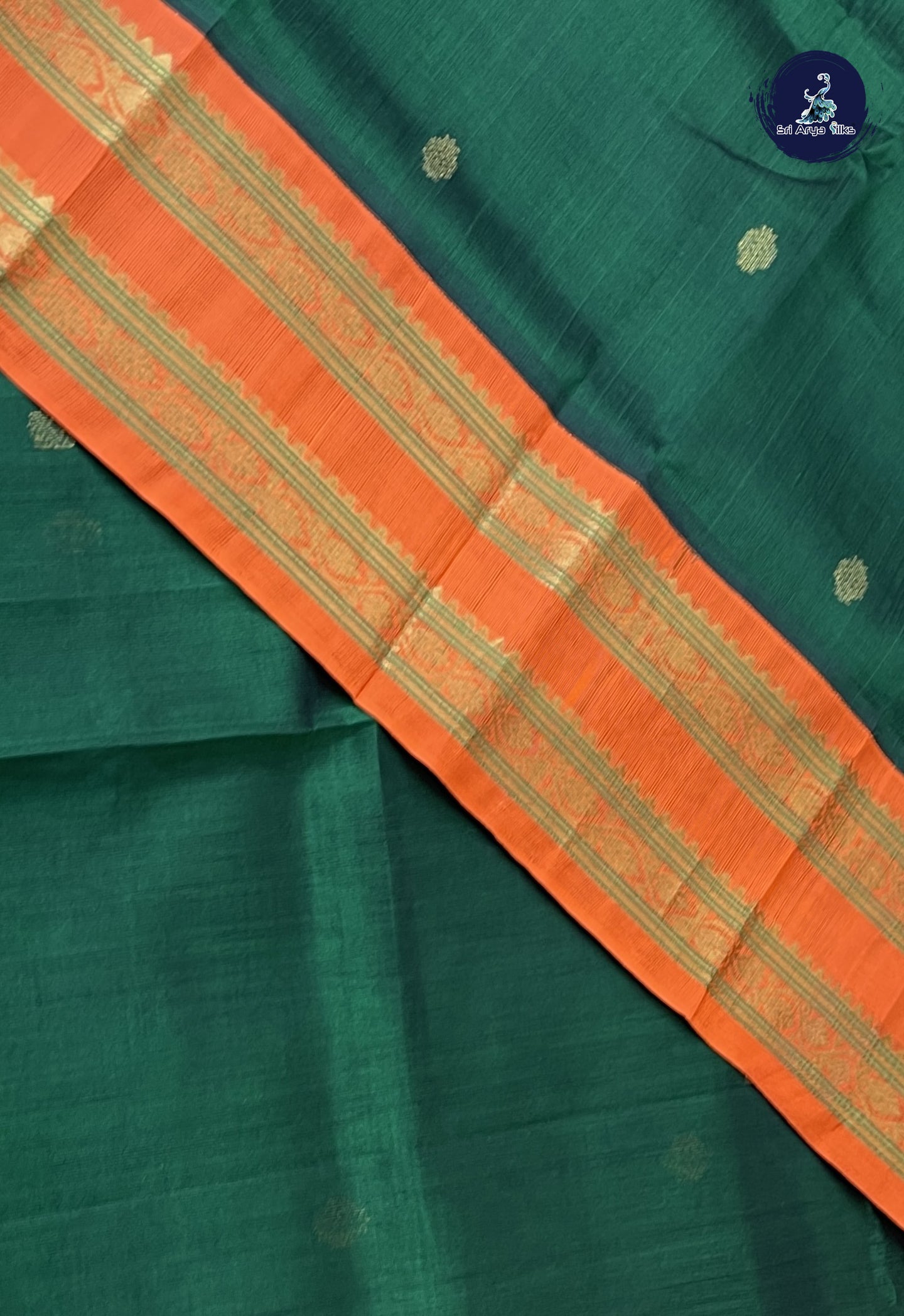 Bottle Green Korvai Silk Cotton Saree With Zari Buttas Pattern