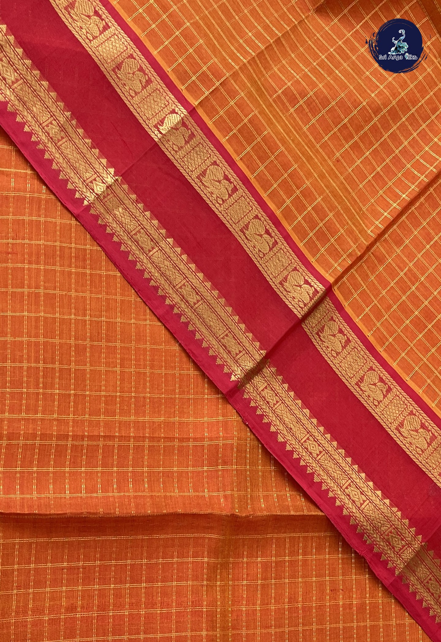 Orange Bridal Silk Cotton Saree With Zari Checked Pattern