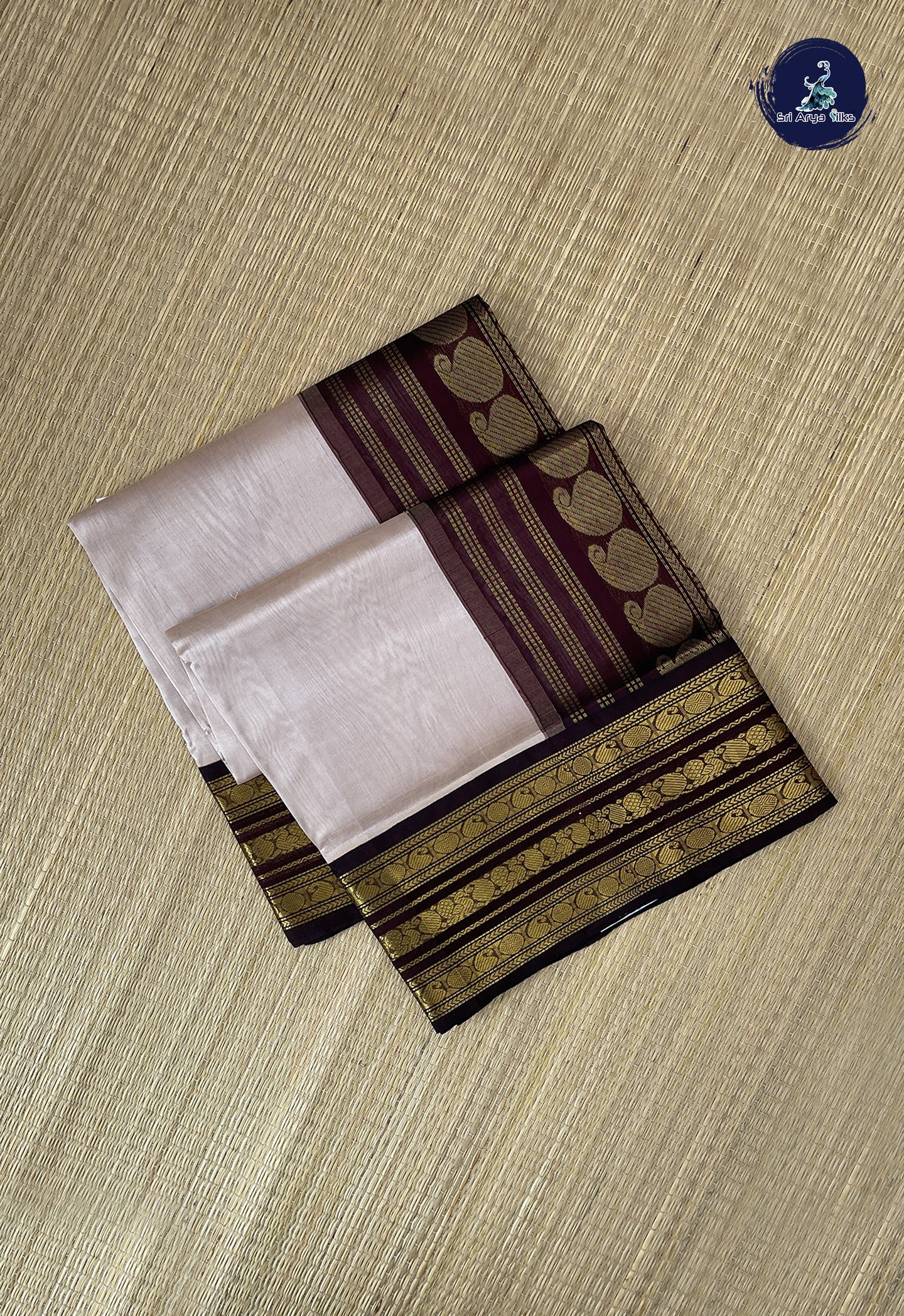 Beige Korvai Silk Cotton Saree With Plain Pattern