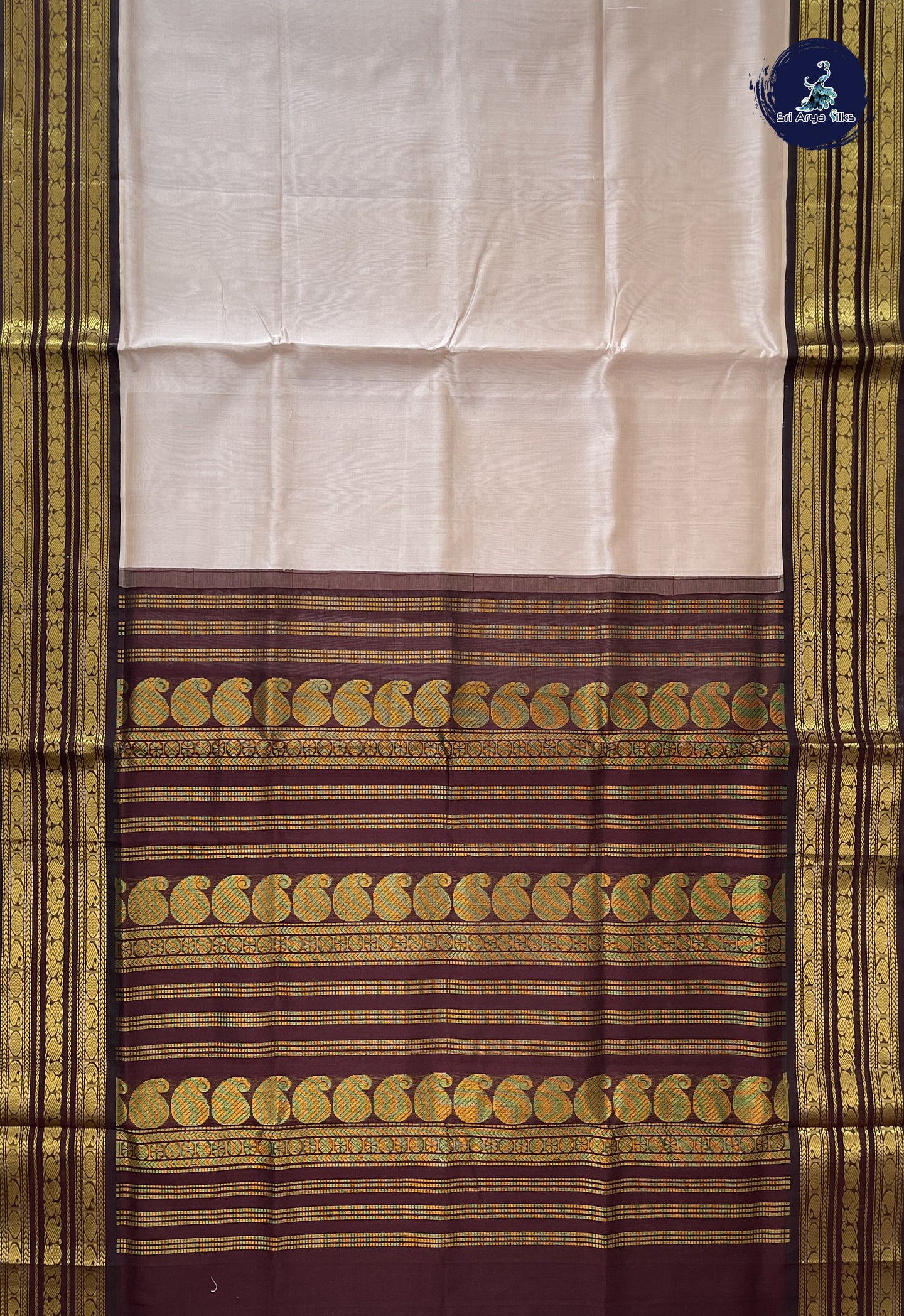 Beige Korvai Silk Cotton Saree With Plain Pattern