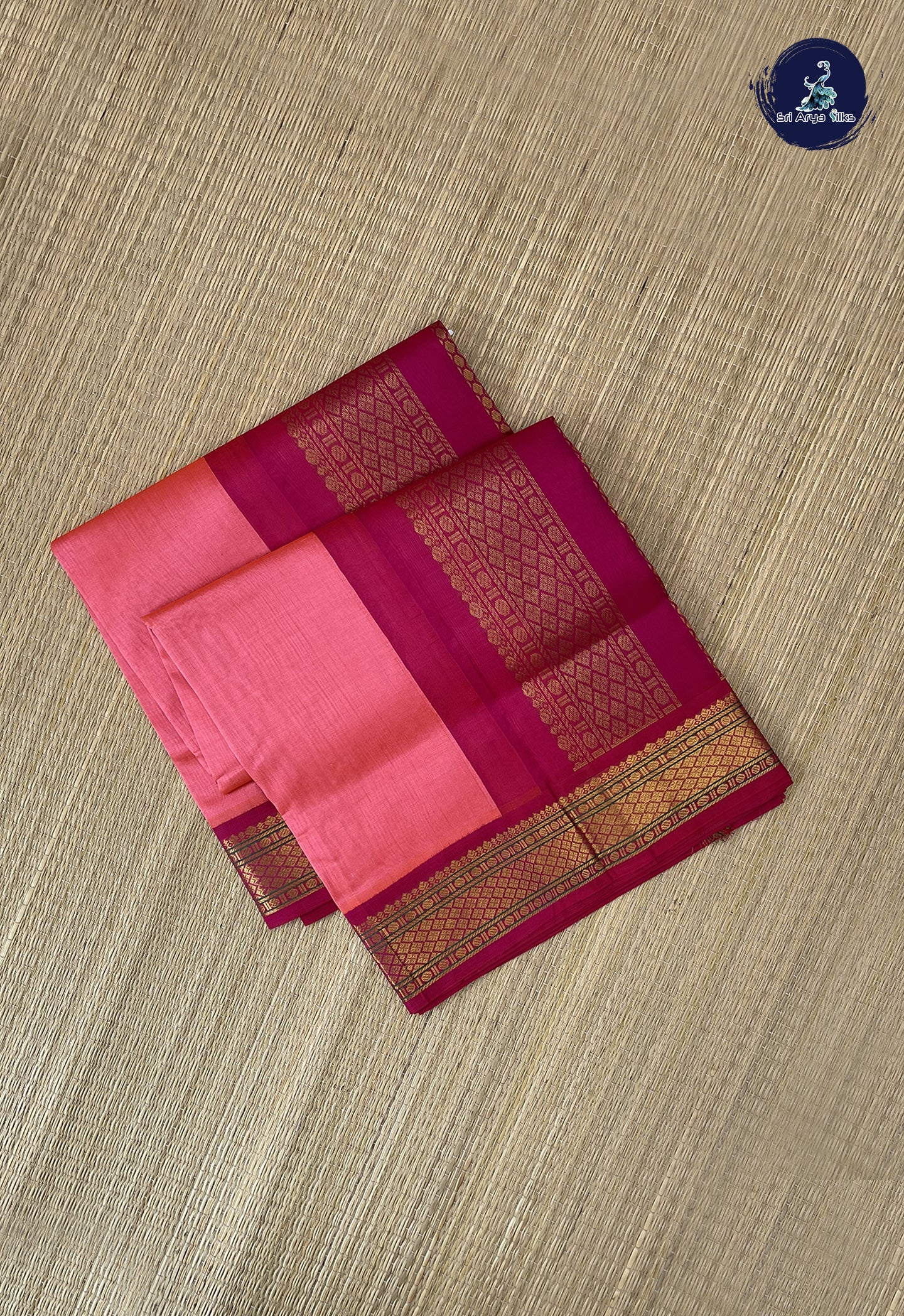 Orangish Pink Korvai Silk Cotton Saree With Plain Pattern