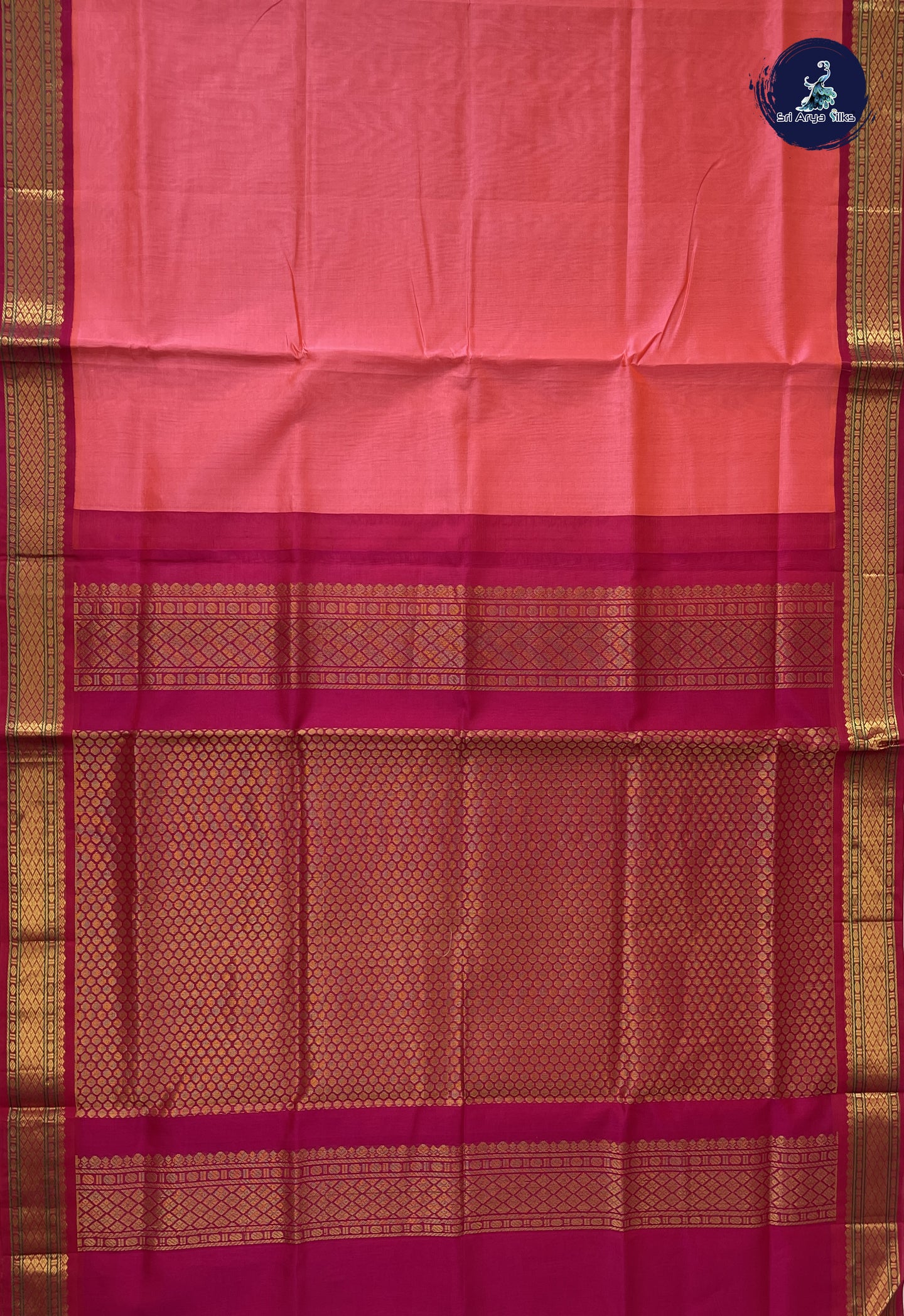 Orangish Pink Korvai Silk Cotton Saree With Plain Pattern