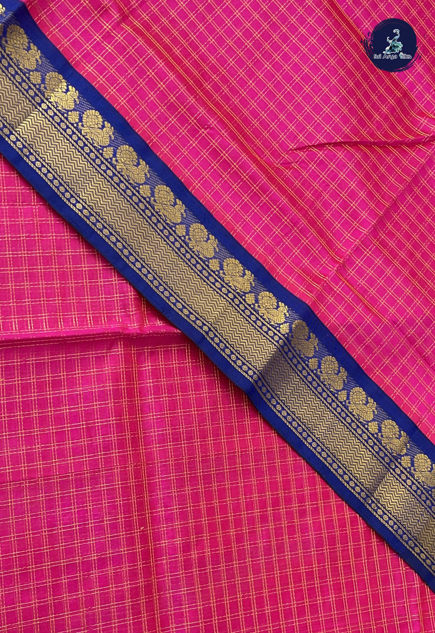 Rani Pink Korvai Silk Cotton Saree With Zari Checked Pattern