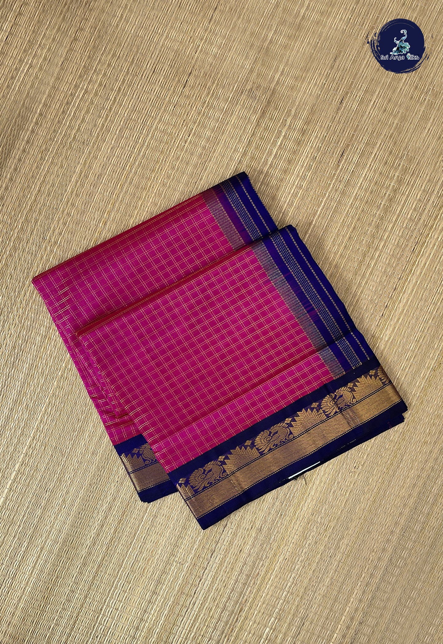 Rani Pink Korvai Silk Cotton Saree With Zari Checked Pattern