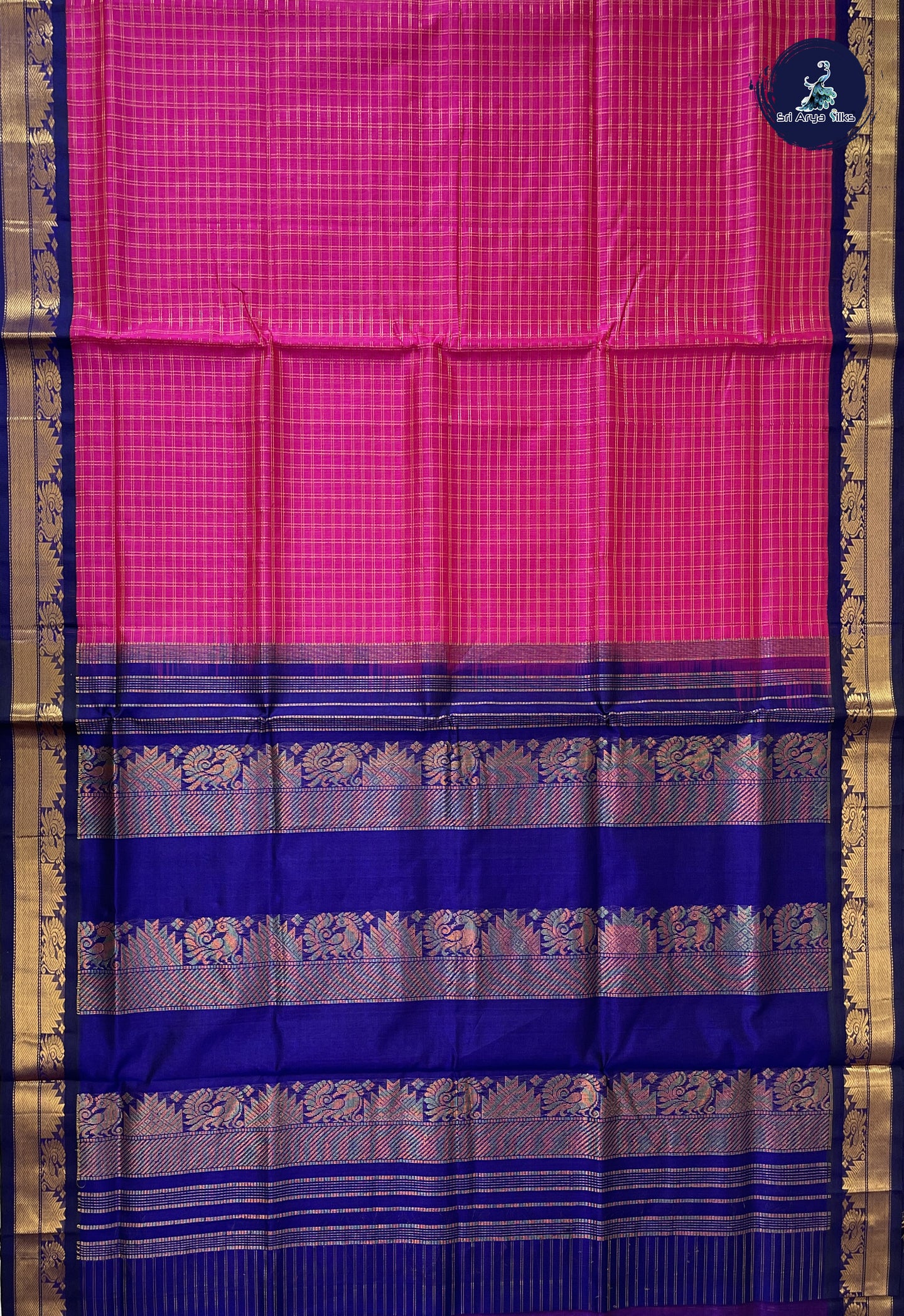 Rani Pink Korvai Silk Cotton Saree With Zari Checked Pattern